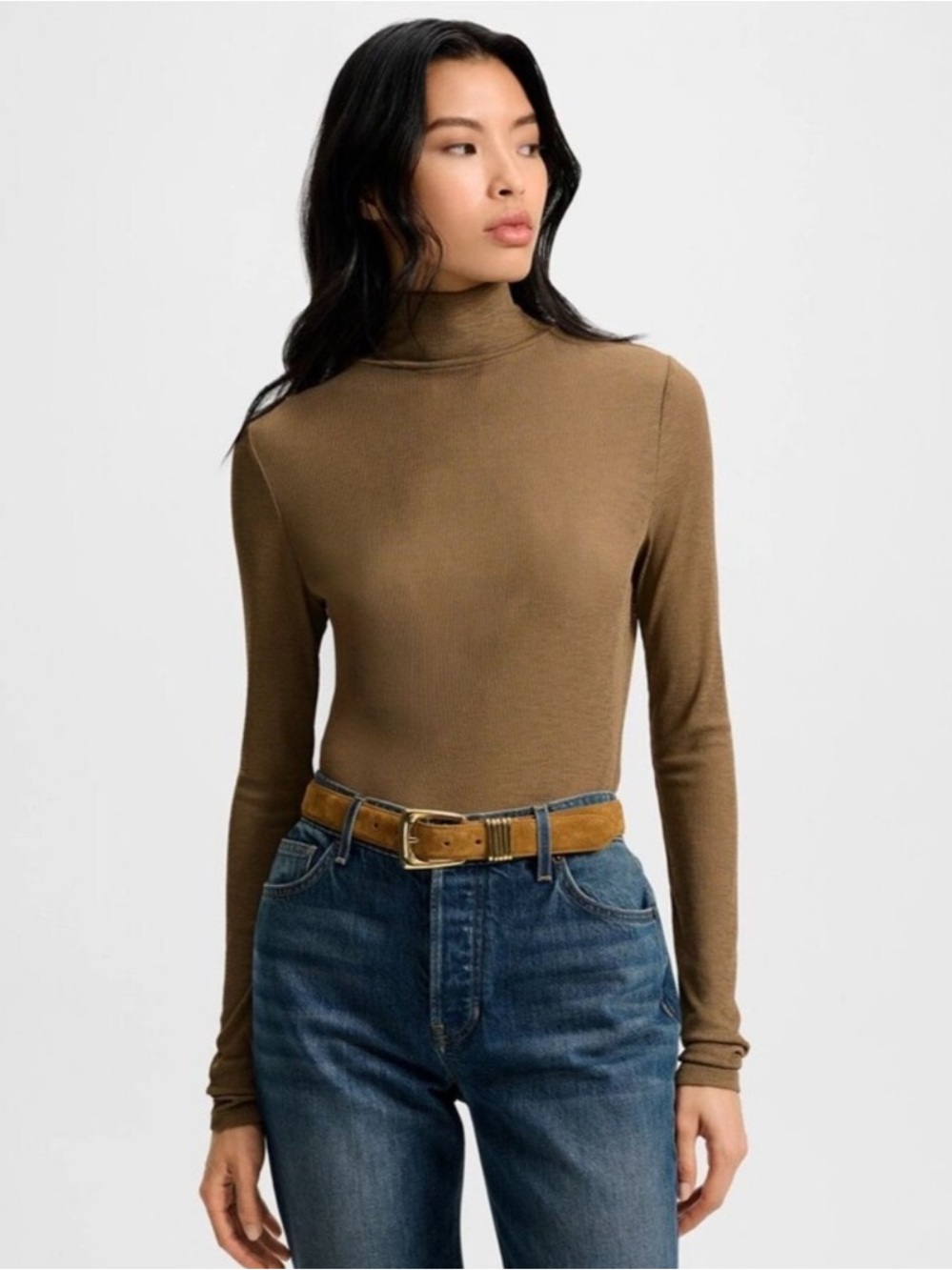 Veronica Beard Wyeth Turtleneck Long Sleeve Ribbed Top Size Small Lichen Brown